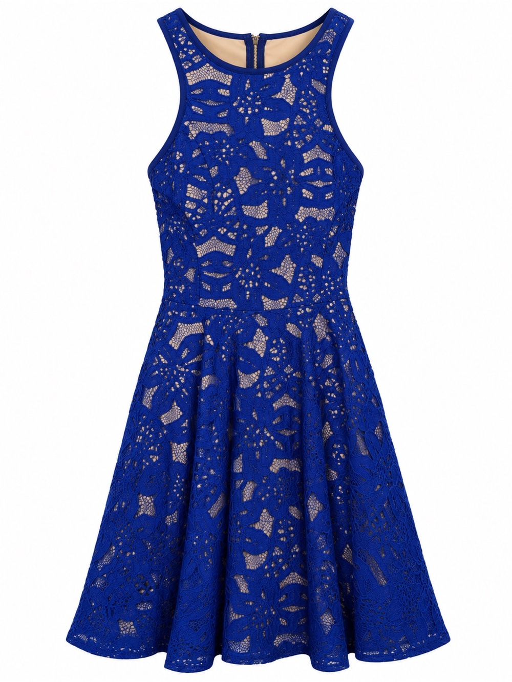 Mystic Womens Medium Blue Lace Fit Flare Dress Sleeveless Lined Back Zip Party